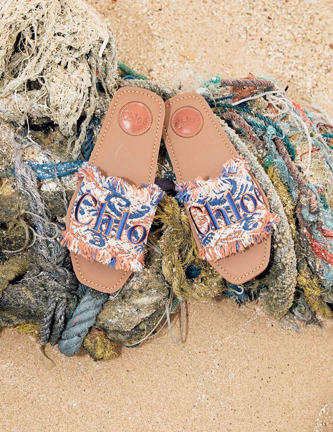 Chloe Blue Woody Logo Tapestry Slides