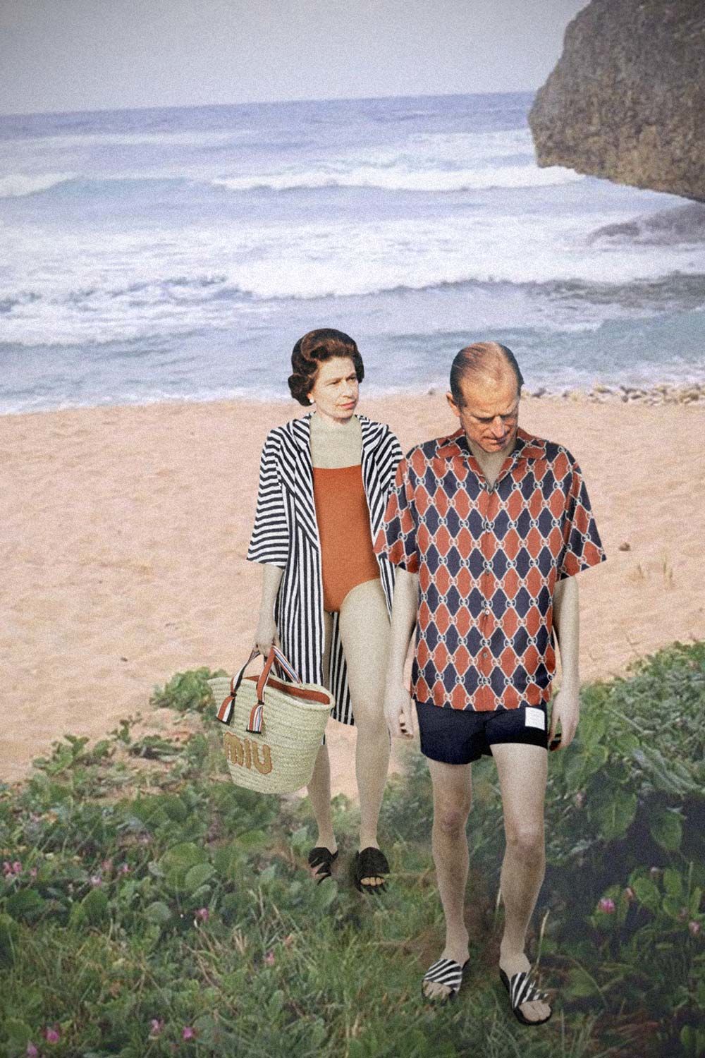 What To Where - The Beach Getaway - Browns Fashion Artwork Queen Elizabeth and Prince Phillip