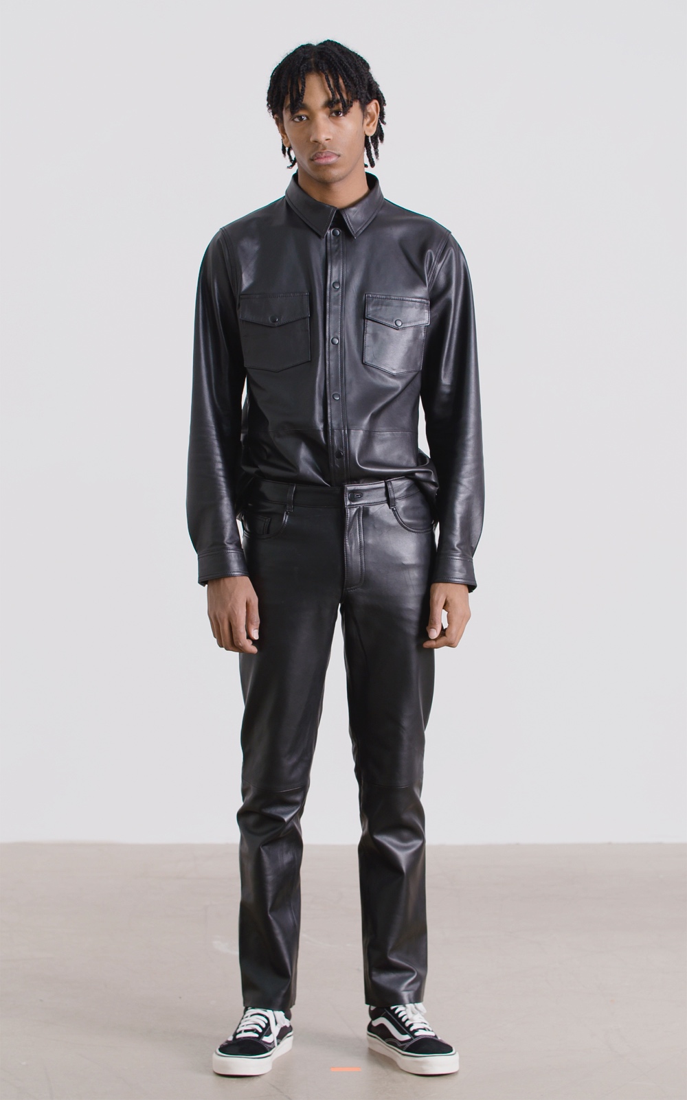 Model wearing STAND STUDIO Alvan Leather Shirt