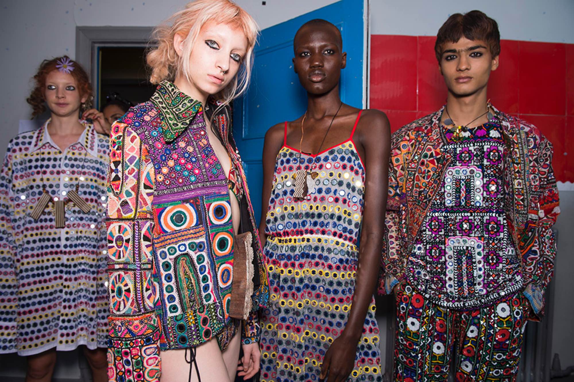 Models backstage at the Ashish SS20 show shot by Jasan Lloyd Evans.