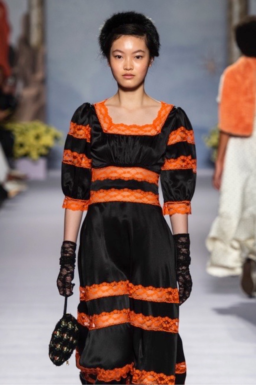 Shrimps AW19 Black Satin and Orange Lace Dress