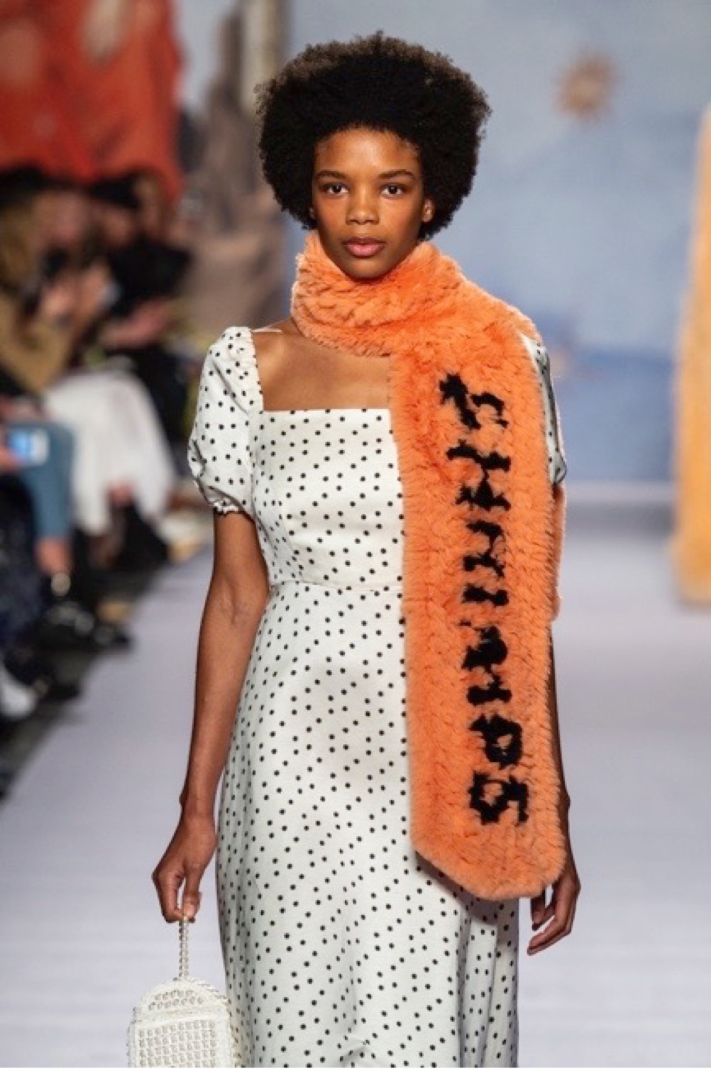 Shrimps AW19 Polka Dot Dress with Faux Fur Logo Scarf