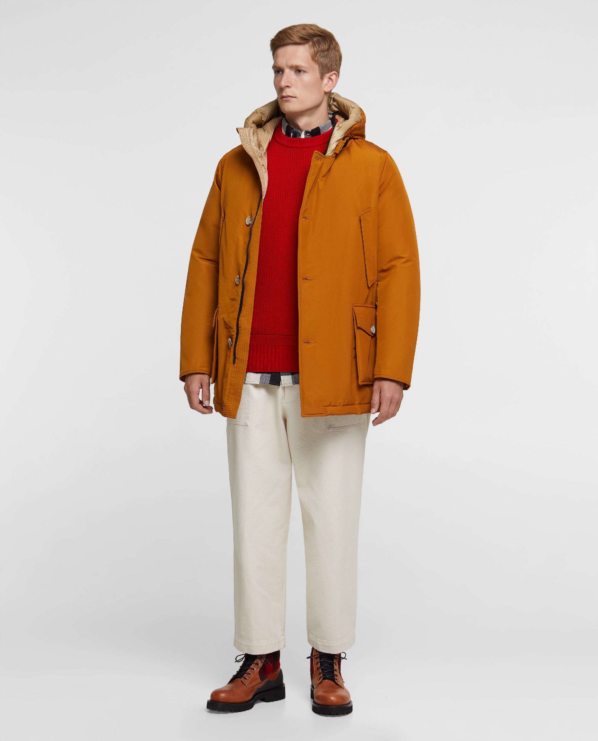 Model wearing Woolrich Arctic Parka Feather Down Coat