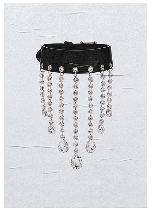 Alessandra Rich Black Crystal Leather Choker Necklace