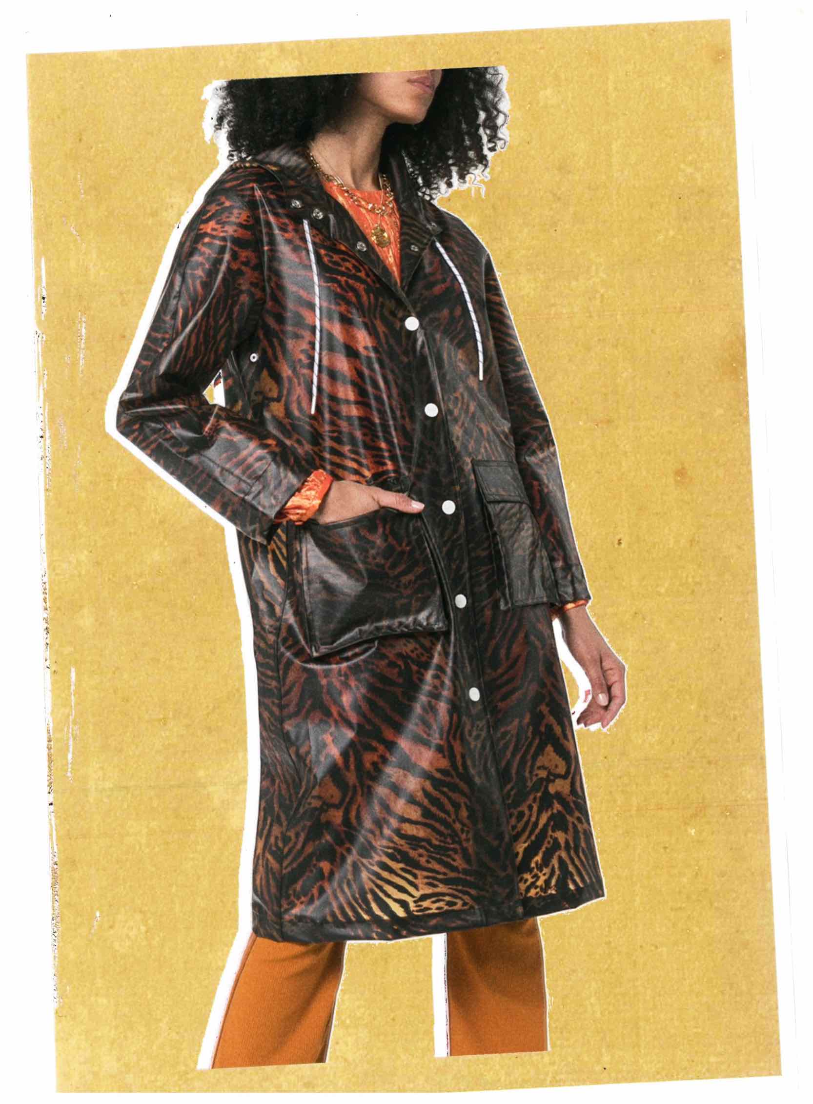 ganni tiger stripe hoodie mid length raincoat