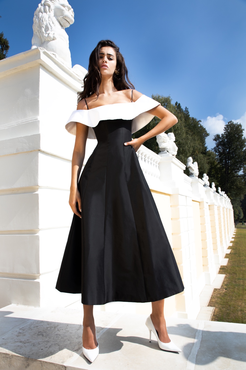 Rasario SS20 Black and White Off Shoulder Dress