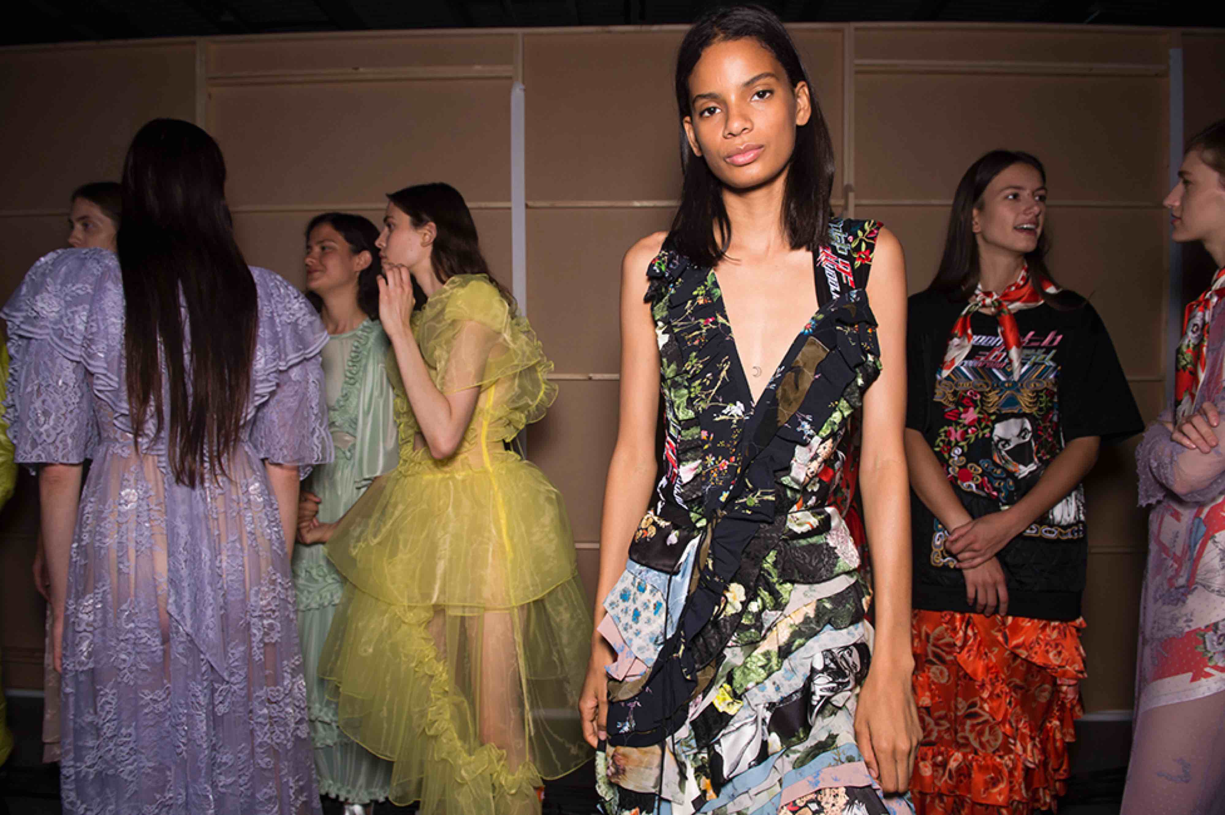 Models backstage at the Preen by Thornton Bregazzi SS20 show shot by Jasan Lloyd Evans