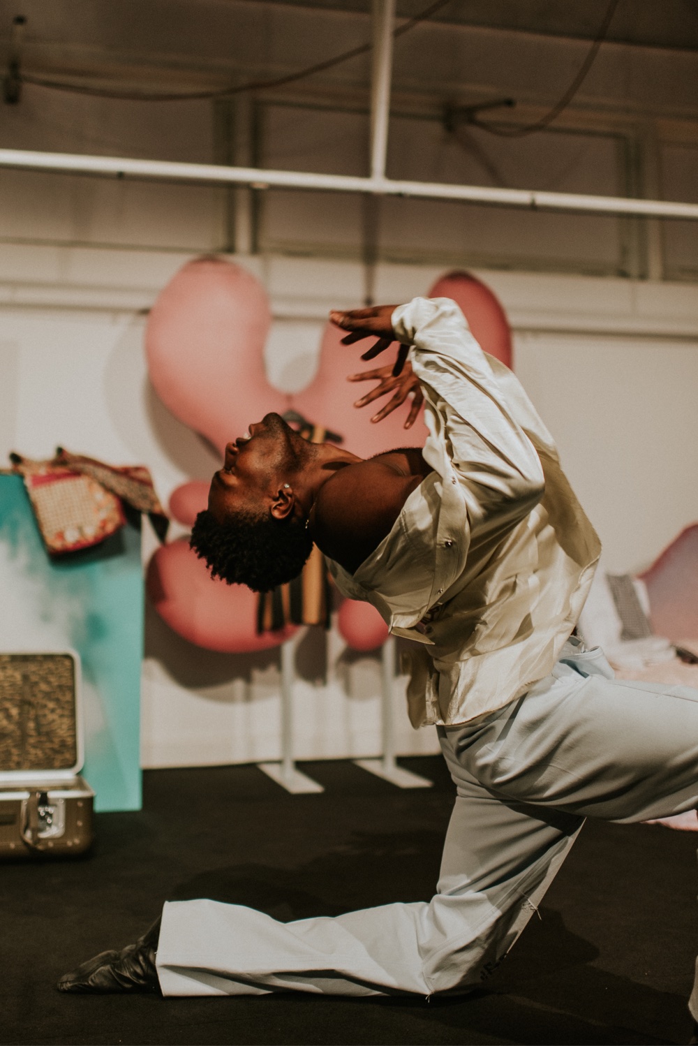 Dancer Vinson Fraley Jr performs inside Orta Miklos sculpture