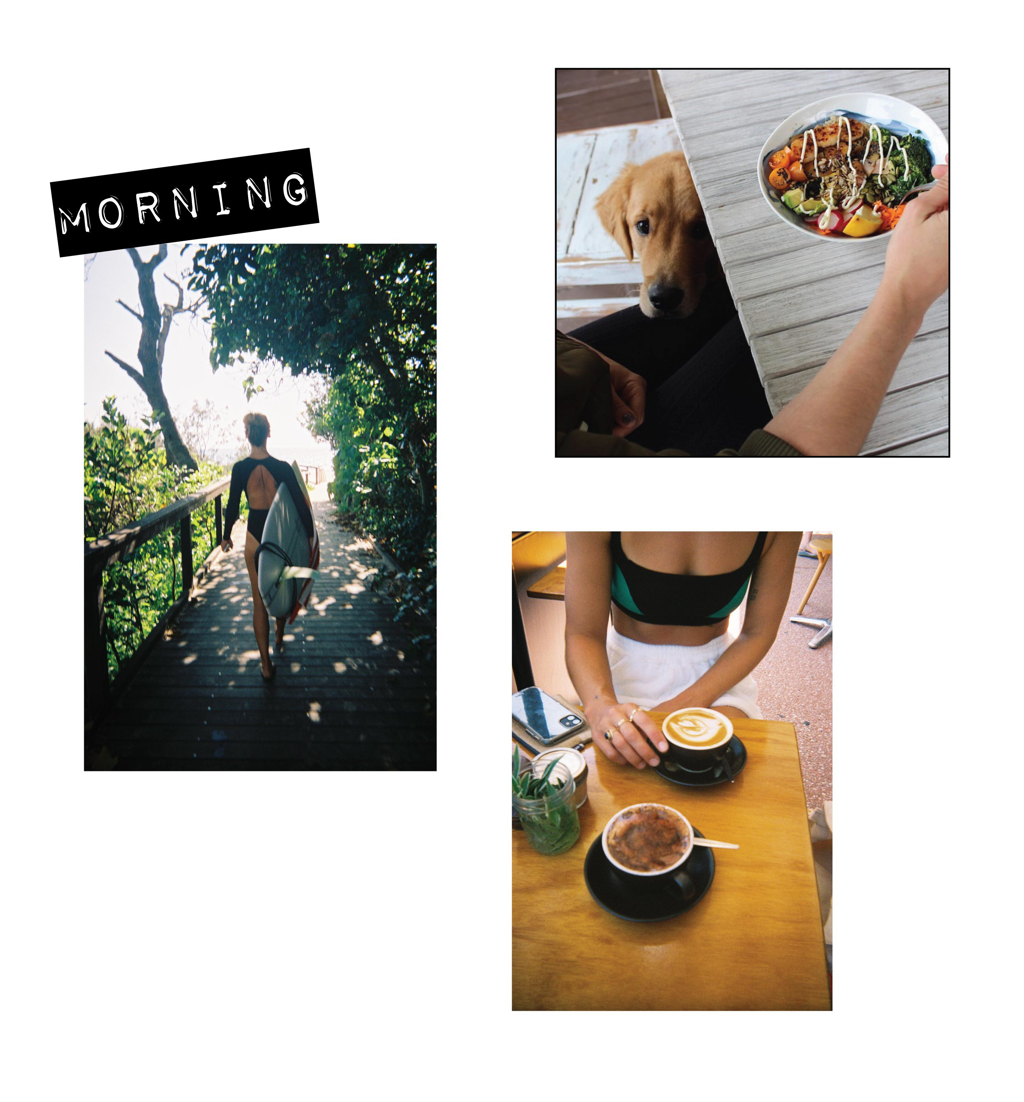 Holly Ryan having coffee in the morning and going for a surf in Coolum