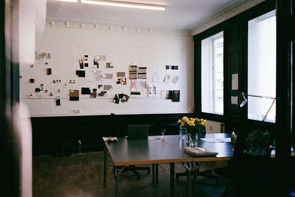 24 Hours With… mfpen “Our mfpen office. On the wall are cuts of our latest purchases and deadstock fabrics.”